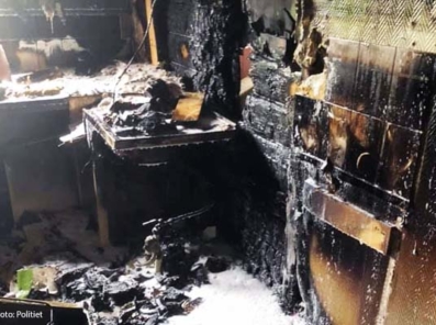 Bilde viser kjøkken med omfattende skader etter brann i oppvaskmaskin