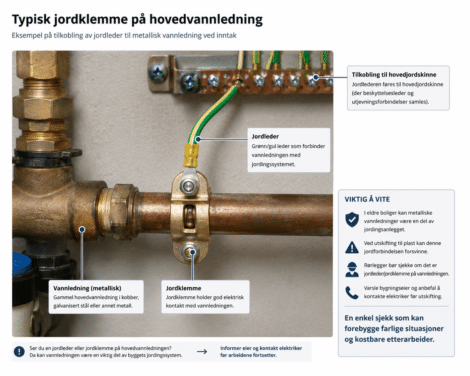 KI-generert illustrasjon som viser eks på tilkobling av jordleder til metallisk vannledning ved inntak