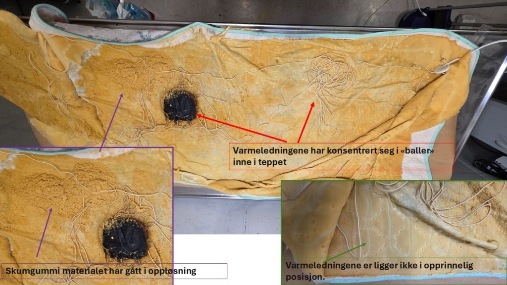 Bildet illustrerer utfordringen med varmetepper som er utslitt. Branntilløpet som oppstod nå i desember ble heldigvis oppdaget tidlig og skadeomfanget ble begrenset.