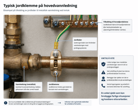 KI-generert illustrasjon som viser eks på tilkobling av jordleder til metallisk vannledning ved inntak