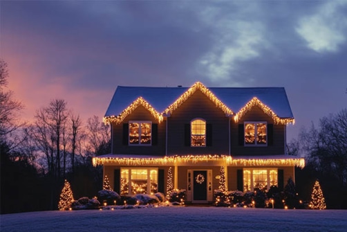 To etasjes hus med julebelysning og vakker himmel i bakgrunn