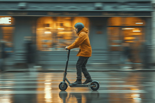 Bilde viser en mann med hjelm på elsparkesykkel i fart