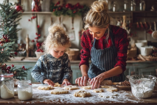 Mor og datter lager julekaker på julepyntet kjøkken