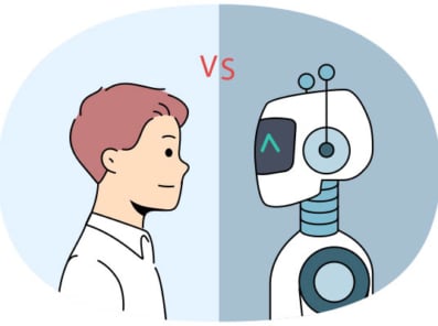 Tegning av en yngre mann ansikt til ansikt til robot for å illustrere menneske vs robot (fag vs ki)