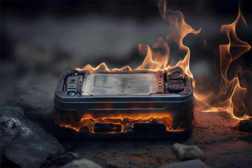 Bilde viser et brennende litiumionbatteri som type kan tilhøre en elsparkesykkel