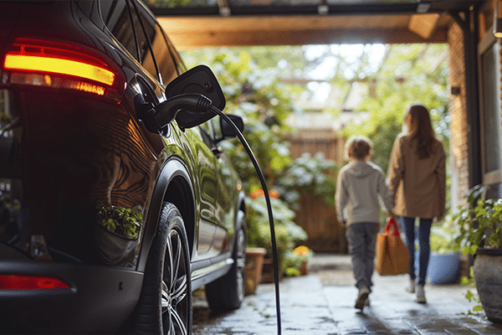 Bilde viser en elbil som står i garasje og lades. To personer forlater garasjen