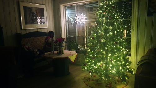Bilde av julepyntet hjem med juletre og adventsstjerne