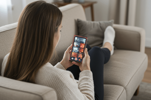 Ung jente i sofaen med elsikkerhetsspillet på mobilen